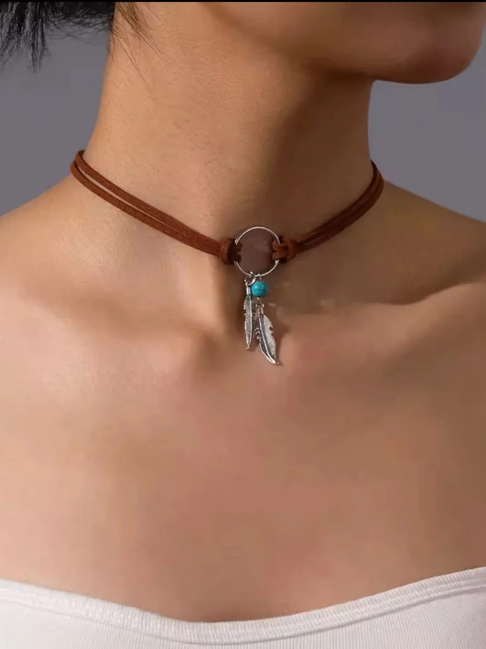 Boho Brown Leather Choker Necklace with Turquoise Bead and Feather Charms - Picture 3 of 5